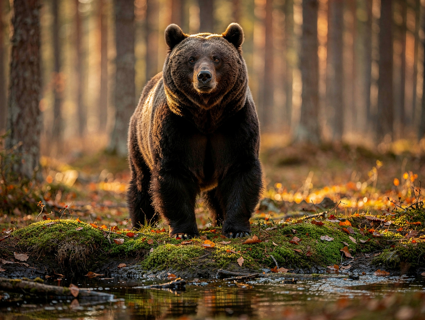 Curious Barguzin sable in golden autumn forest undergrowth