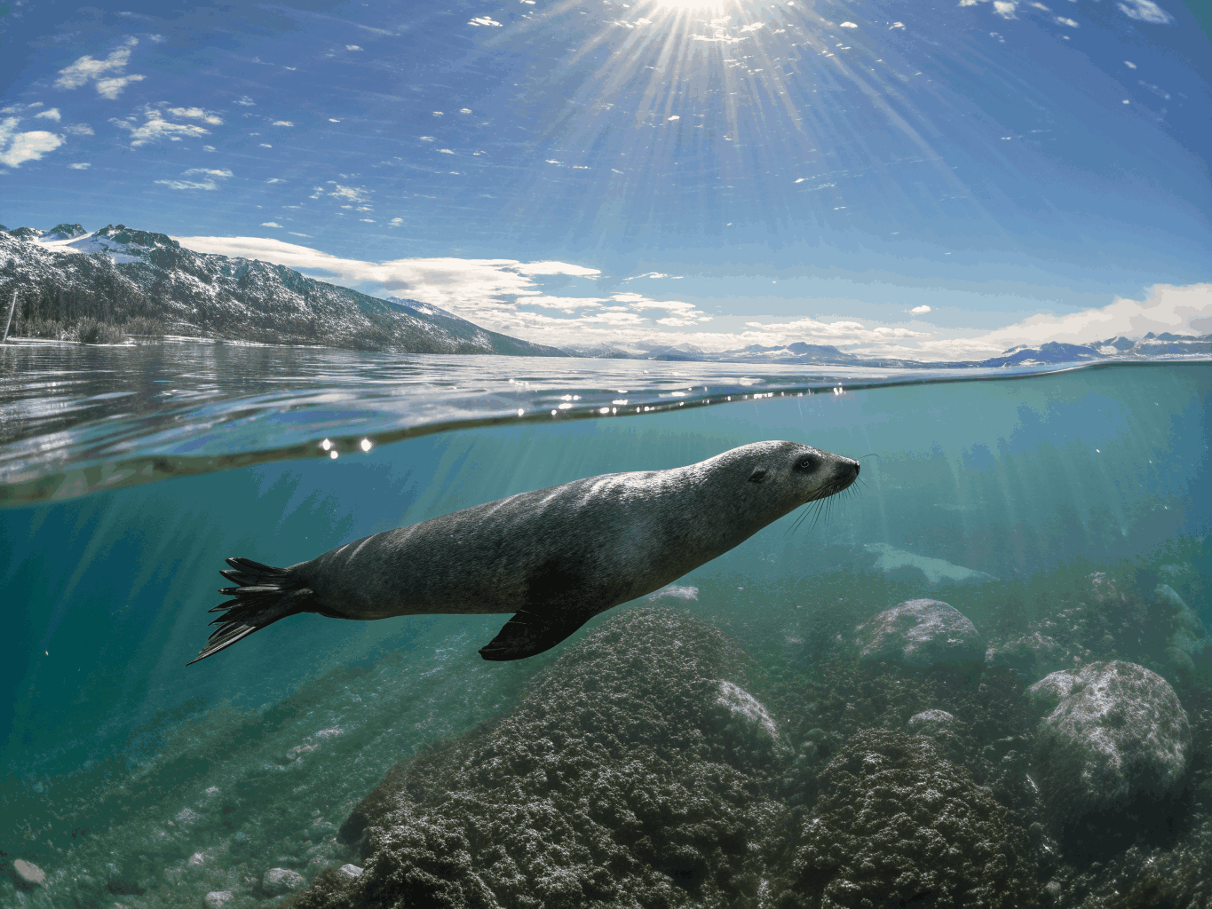 Baikal seal basking peacefully on a stone shore in morning light