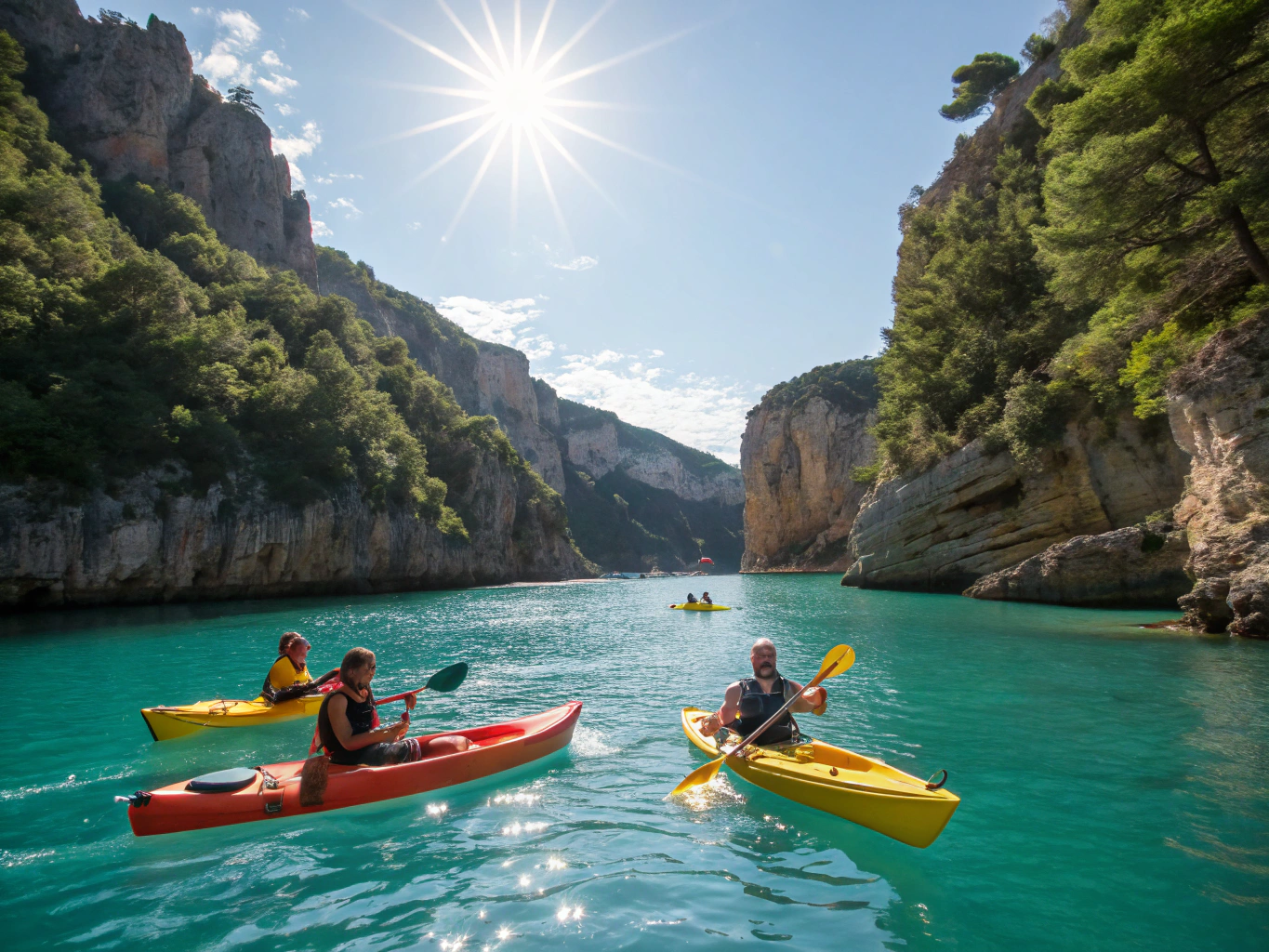 Group of kayakers navigating clear turquoise waters along pine-forested shore